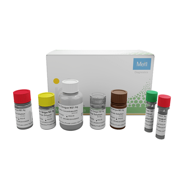 MERILISA Dengue NS1 Antigen ELISA Kit — Meril Diagnostics box with reagent vials