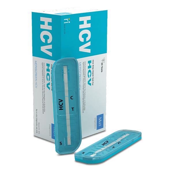 MERISCREEN HCV Rapid Test Kit, 50 tests — Meril Diagnostics box with test cassette