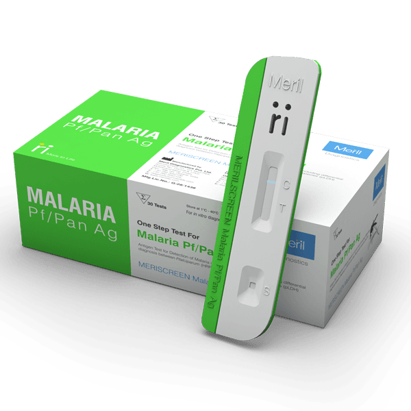 MERISCREEN Malaria Pf/Pan Ag Rapid Test Kit, 30 tests — Meril Diagnostics box with test cassette