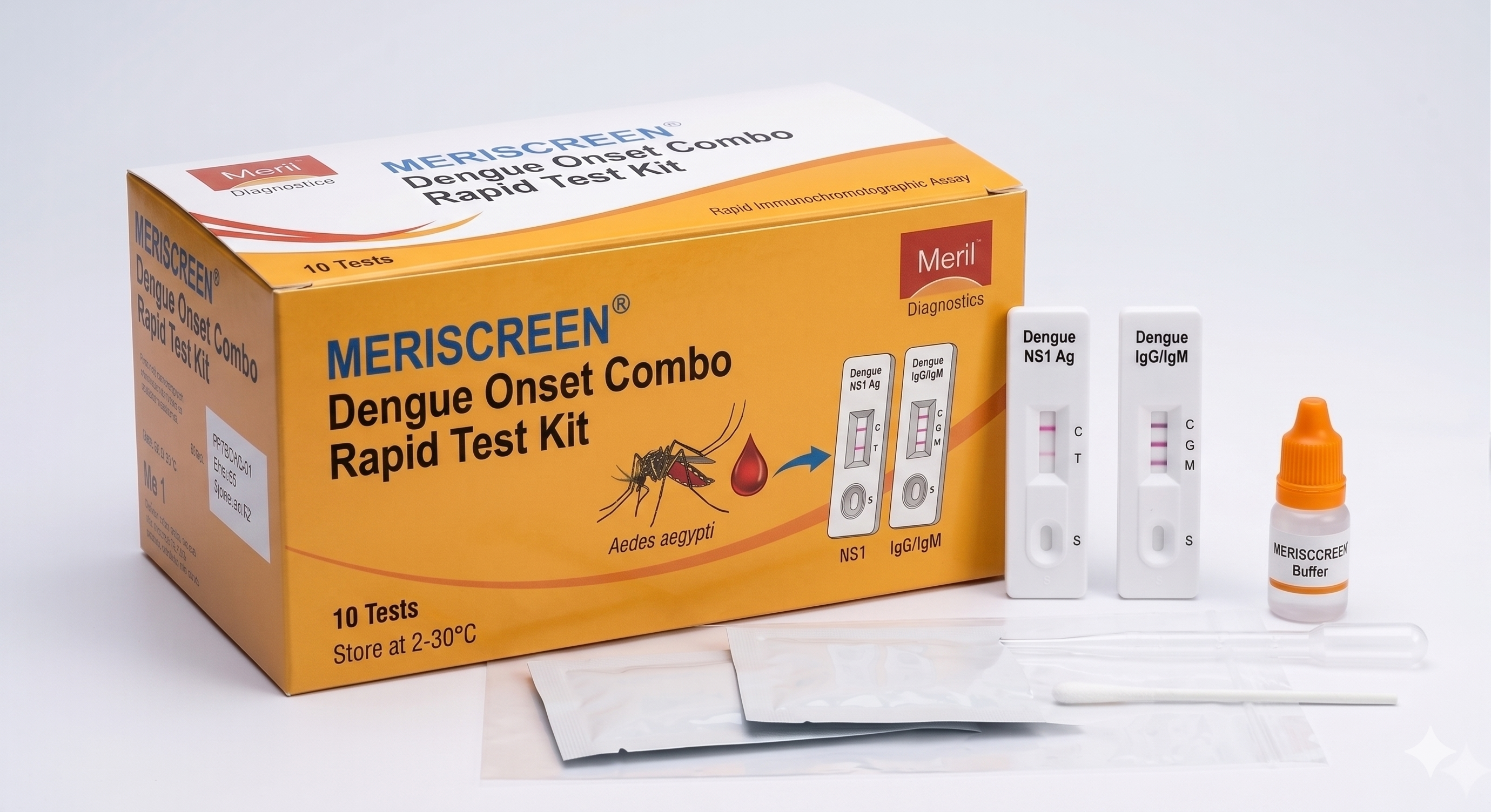 MERISCREEN® Dengue Onset Combo Rapid Test Kit — NS1 Ag + IgG/IgM (10T)