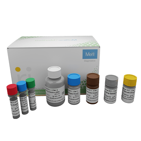 MERILISA HIV 1-2 Gen 3 ELISA Kit — Meril Diagnostics box with reagent vials