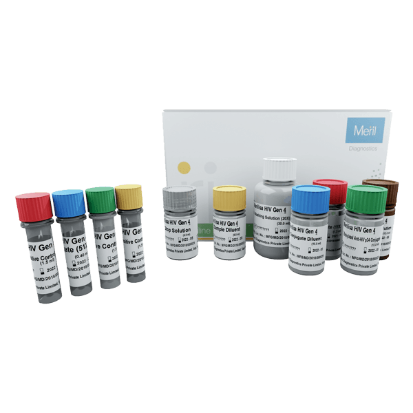 Merilisa HIV Gen 4 ELISA kit box with reagent vials