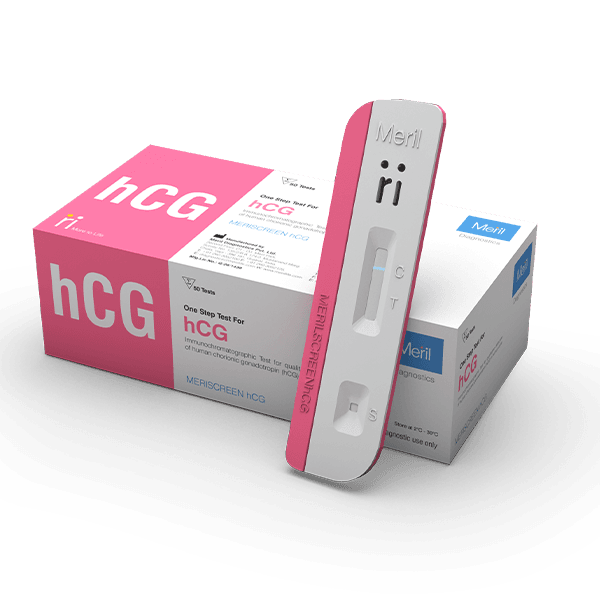 MERISCREEN hCG Rapid Pregnancy Test, 50 tests — Meril Diagnostics box with test cassette