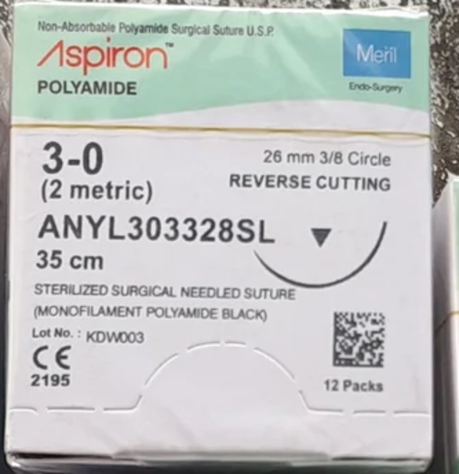 Aspiron Polyamide (nylon) black non-absorbable needled suture - Meril Endo-Surgery packaging