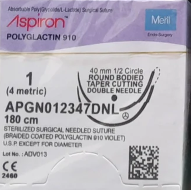 Aspiron Polyglactin 910 violet absorbable braided needled suture - Meril Endo-Surgery packaging