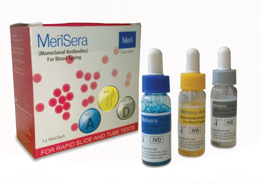 MeriSera monoclonal antibodies blood typing combo kit box with Anti-A, Anti-B and Anti-D dropper bottles, 1 x 10ml each